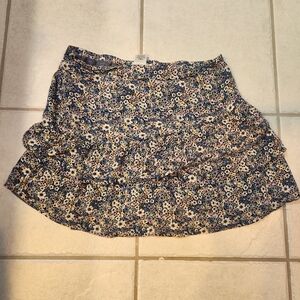 Blue and Cream Floral Ruffle Mini Skirt